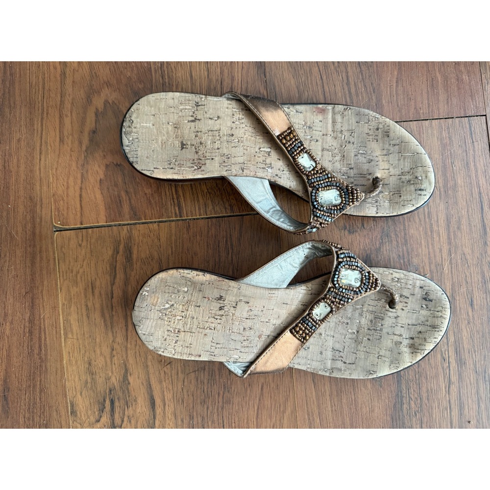 Shoemakers of Italy Women Bronze Beaded Crystal Cork Thong Sandals Made in Italy